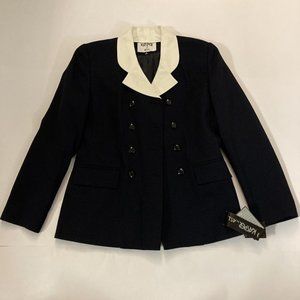 Kasper A.S.L. Silk Blazer Women's Size 6 Navy White Collar 8 Button New $189